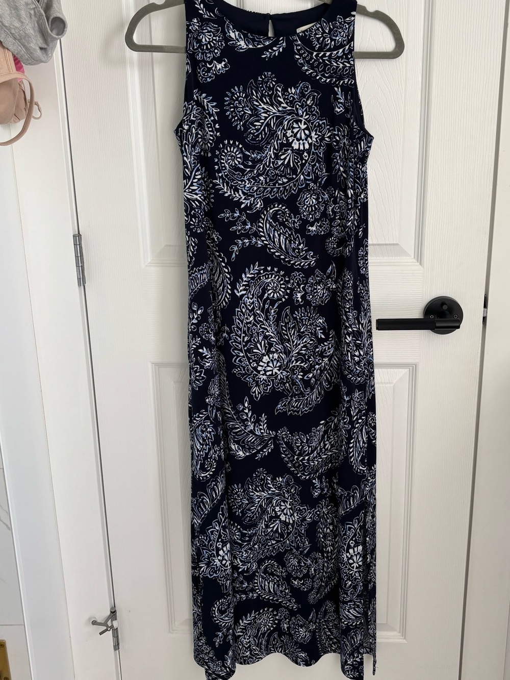 Navy and White Paisley Sleeveless Maxi Dress